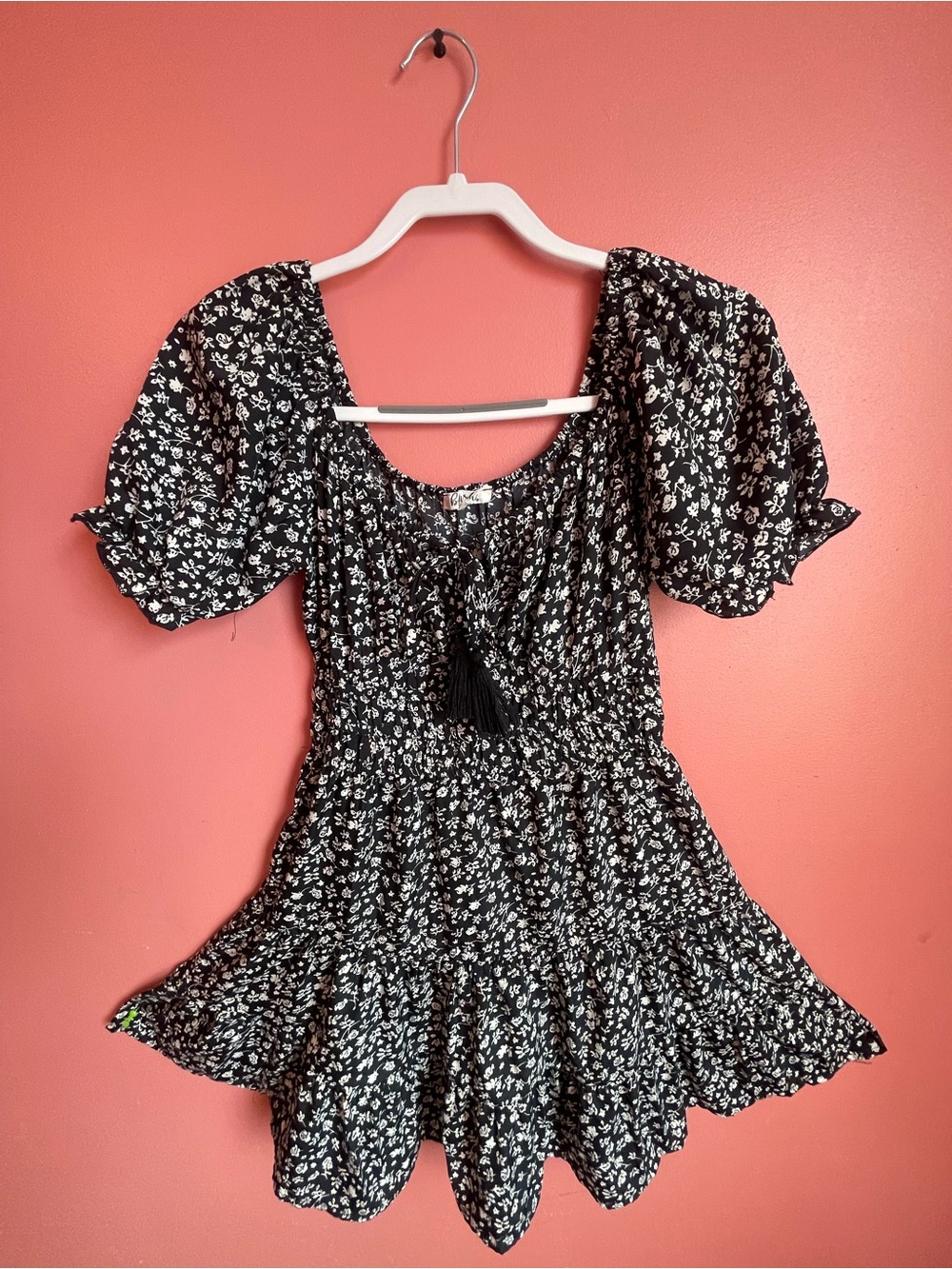 Blush Black Floral Smocked Mini Dress with Puff Sleeves